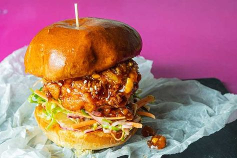 Fried Chicken Burger Recipe, Asian Fried Chicken, Tangy Slaw, Kimchi Slaw, Chicken Burger Recipe, Braised Chicken Breast, Crispy Chicken Burgers, Fried Chicken Burger, Buttered Vegetables