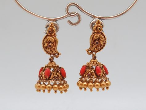 Coral Jumka Gold, Coral Jhumkas Gold, Coral Gold Jewellery, Coral Jhumkas, Coral Earrings Gold Indian, Jhumkas Gold, Gold Earrings For Kids, Small Earrings Gold, Temple Jewellery Earrings