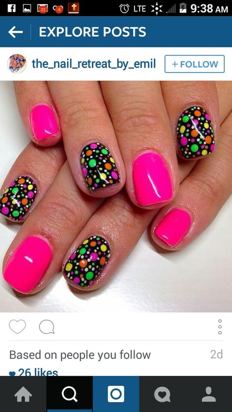 Black And Neon Nail Ideas, Bright Polka Dot Nails, Spotty Nail Art, New Kids On The Block Nails, Neon 80s Nails, Retro Dip Nails, Neon Dot Nails, Neon Polka Dot Nails, 80 Nails Design