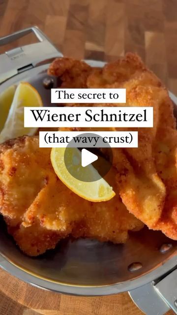 Astrid Lamarche | Austrian Bakery in San Diego on Instagram: "5 essential things for the perfect Schnitzel A real Wiener Schnitzel is quite simple and tricky at the same time. You need meat (veal is the original Wiener Schnitzel), salt, pepper, flour, eggs, breadcrumbs, clarified butter, and a pan. But there’s more to it: 1. A good frying pan is essential. It should have a thick bottom which distributes the heat evenly. Cristel’s Casteline frying pan used here has great heat diffusion. It also comes with a detachable handle that you can switch with side handles. (See discount code info below 😍) 2. The ultimate secret for the wavy crust: dip the pounded Schnitzel in minimal water on both sides. The water will be encased in the breading and once in the pan, the resulting steam will produ Wiener Schnitzel Recipe, Jaeger Schnitzel, Schnitzel Recipe, Schnitzel Recipes, Veal Cutlet, Rump Steak, Clarified Butter, Polish Recipes, Cooking School