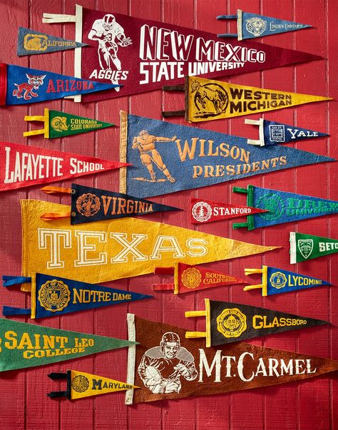 Vintage College Pennants, College Merch Ideas, Simple Graduation Party Ideas, Pennant Display, College Graphic Design, Simple Graduation Party, Sports Pennants, Creative Graduation Party Ideas, On To The Next Chapter