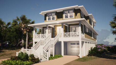 close_haul_bay_front_elevation 5 Bedroom Beach House Floor Plans, Beach House Plans On Pilings, Elevated Beach House Plans, Elevated Beach House, Beach House Flooring, Beach House Plan, Bedroom Suites, Standing Seam Metal Roof, Coastal House Plans