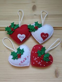 800 Felt Stuff Ideas 8A9 Felt Heart Ornaments, Diy Felt Christmas Ornaments, Felted Christmas, Xmas Baubles, Felt Crafts Christmas, Felt Ideas, Felt Christmas Decorations, Felt Embroidery, Felt Projects