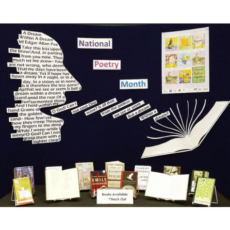 National Poetry Month Display School Library Book Displays, School Library Bulletin Boards, Book Poetry, Reading Display, Month Ideas, School Library Displays, Middle School Libraries, Library Themes, Library Book Displays