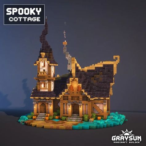 Minecraft Brewery Ideas, Minecraft Fletcher Shop, Halloween Town Minecraft, Graysun Minecraft Build, Minecraft Spider Build, Minecraft Medieval Town Hall, Halloween House Minecraft, Minecraft Spooky House, Minecraft Scary Builds