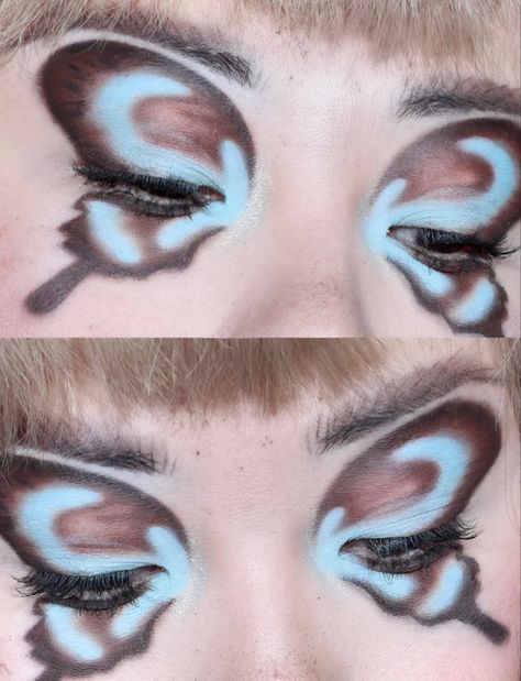 Mosh Pit Makeup, Creative Colorful Makeup, Funky Makeup Looks Eyeshadows, Weird Eye Makeup, Brown Eyes Blue Makeup, Moth Inspired Makeup, Oc Side Profile, Makeup Creative Ideas, Cool Make Up