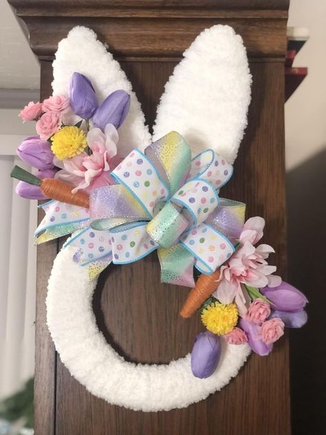 Dollar Tree Fanatics Crafts & Decor | My first bunny wreath with most items bought from DT | Facebook Dollar Store Bunny Wreath, Dollar Tree Bunny Wreath Diy, Dollar Tree Easter Wreath, Dollar Tree Bunny Crafts, Dollar Tree Easter Bunny Wreath, Easter Dollar Tree Diy, Bunny Butts Craft Dollar Tree, Dollar Tree Rabbit Wreath, Bead Bunny Wreath