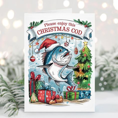 Christmas Cod Funny Fishing Christmas Card Fishing Christmas Card, Christmas Fish Drawing, Cod Funny, Fishing Christmas, Printable Christmas Games, Ornament Card, Custom Christmas Cards, Merry Bright Christmas, Whimsical Watercolor