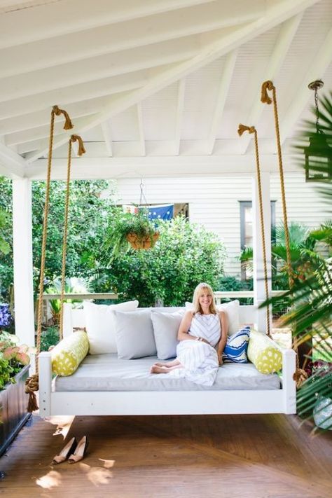 Get the look: Porch Swing Daybeds Diy Porch Swing Bed, Bed Swings, Modern Farmhouse Porch, Low Country Homes, Porch Bed, Diy Daybed, Diy Porch Swing, Porch Swing Bed, Swing Bed