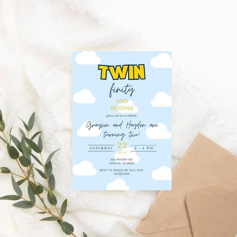 Twins Birthday Party Invitations, Disneyland Theme Birthday Party Invitation, 2 Infinity And Beyond Invitation, Toy Story Second Birthday Party Invitations, Winnie The Pooh 2nd Birthday Invitations, First Birthday Invitation Cards, Beyond Birthday, Twin Birthday Themes, Toy Story Invitations