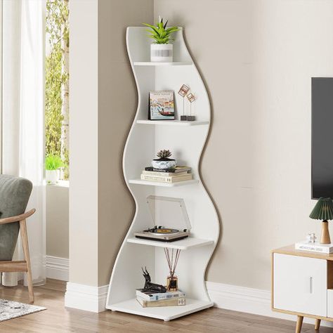 Latitude Run® 5 Layer Corner Bookshelf, Modern Independent Curved Corner Bookshelf, Display Corner Bookshelf Open Small Bookshelf Suitable For Living Room, Home Office, Small Space, White | Wayfair Small Corner Shelves, Corner Bookshelf, Shelf Modern, Wall Corner, Small Bookcase, Corner Bookshelves, White Bookcase, Cute Bedroom, Inspire Me Home Decor