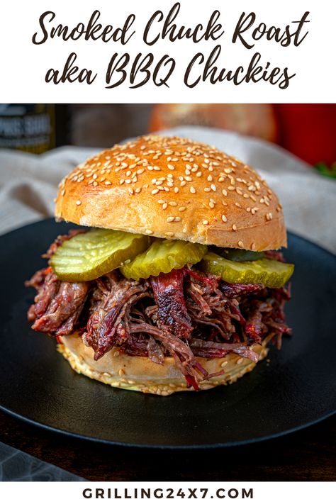 smoked chuck roast served on a bun with pickles Smoked Bbq Beef Roast, Bbq Chuck Roast Grill, Smoked Beef Sandwich, Smoked Roast Beef Sandwich, Smoked Chuck Roast Sandwiches, Chuck Roast Sandwiches, Smoked Shredded Beef, Bbq Chuck Roast, Smoked Beef Chuck Roast