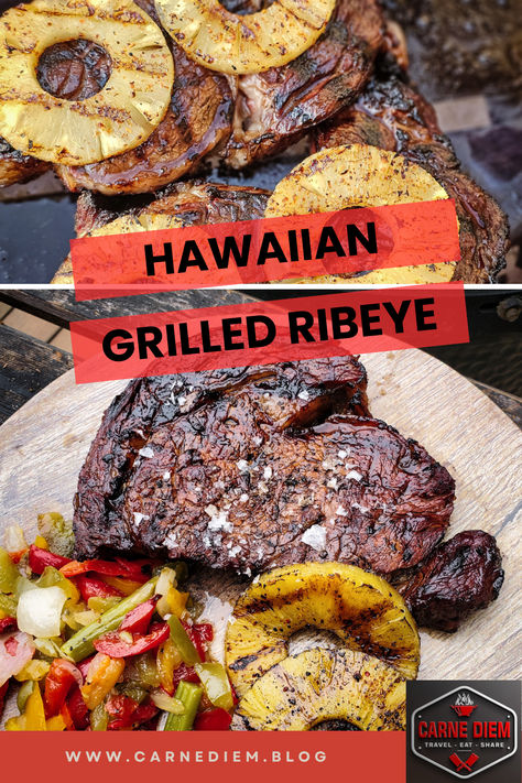 This Hawaiian Grilled Ribeye Steak recipe combines the richness of a juicy ribeye with a Hawaiian marinade mixture of soy sauce, garlic, ginger, pineapple, and rum. It's a guaranteed crowd-pleaser, perfect for a special occasion or a casual weeknight dinner.  These grilled steaks are simple and delicious. Hawaiian Ribeye, Hawaiian Marinade, Hawaiian Steak, Grilled Ribeye Steak Recipes, Ribeye Steak Recipe, Baked Bbq Ribs, Grilled Steaks, Grilled Ribeye Steak, Ribeye Steak Recipes