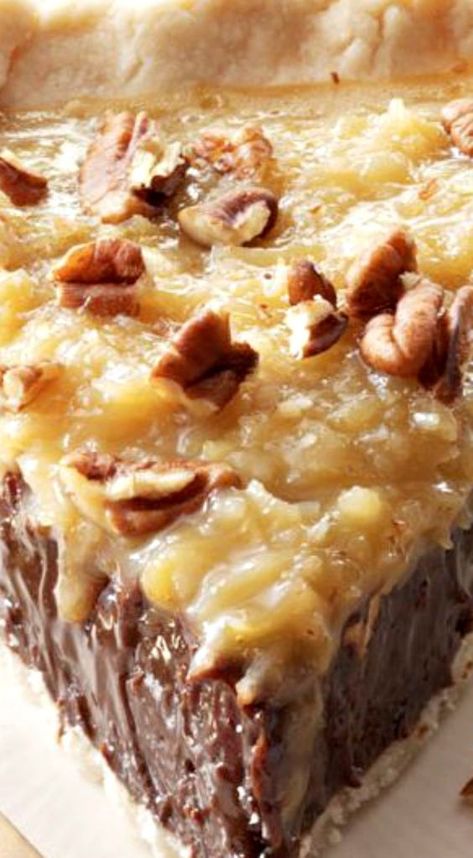 Coconut-Pecan German Chocolate Pie ~ This pie combines the ingredients everyone loves in its classic cake cousin... It's so silky and smooth, you won't be able to put your fork down German Chocolate Pecan Pie, German Chocolate Pie, German Chocolate Pies, Fudge Pie, Chocolate Pie Recipes, Chocolate Pecan Pie, Coconut Pecan, Chocolate Pie, Pecan Pie Recipe