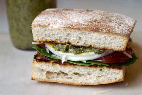 Egg Sandwich with Basil Pesto and Roasted Tomatoes Egg White Sandwich, Mediterranean Eggs, Ciabatta Recipe, Shrimp Salad Sandwich, Egg White Breakfast, Panera Copycat, Hamburger Rolls, Mediterranean Breakfast, Copycat Panera