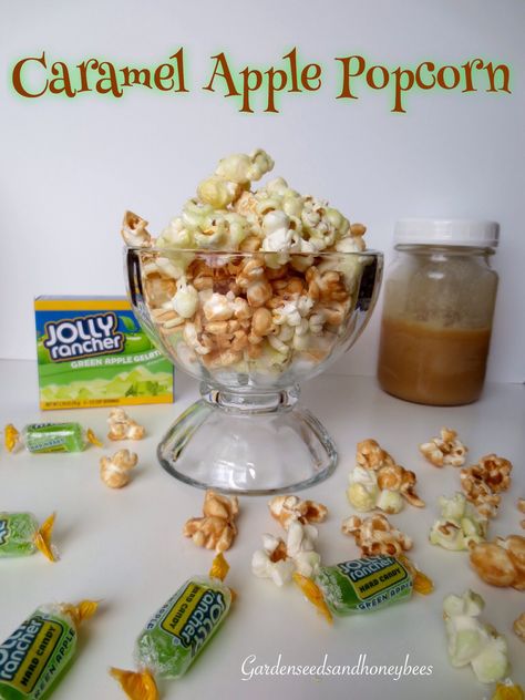 Green Apple Jolly Rancher and Caramel Popcorn Green Apple Jolly Rancher, Caramel Apple Popcorn, Apple Popcorn, Popcorn Recipes Easy, Flavored Popcorn, Fall Cooking, Caramel Candy, Gourmet Popcorn, Popcorn Recipes