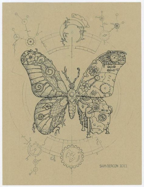 Steampunk Butterfly Tattoo, Steampunk Drawings, Steampunk Bride, Steampunk Drawing, Simple Draw, Steampunk Butterfly, Ink Illustration, Insect Art, Etsy Art Prints