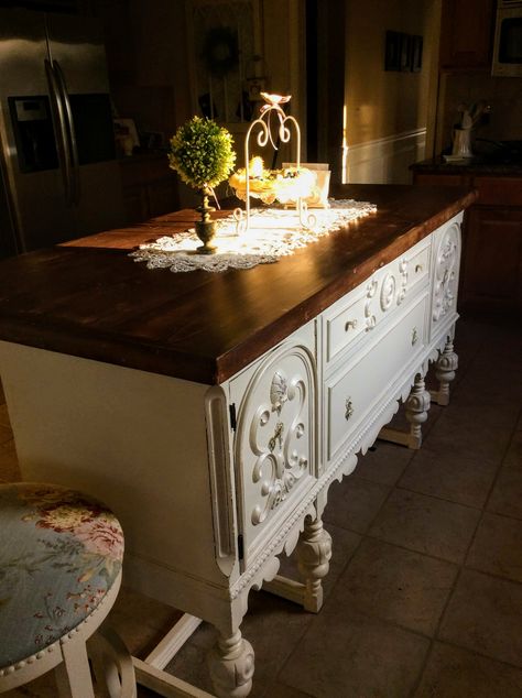 Kitchen Island With Sink And Dishwasher, Upcycle Kitchen, Antique Kitchen Island, Glamorous Kitchen, Dresser Kitchen Island, Antique Buffet, Kitchen Buffet, French Country Kitchen, Diy Kitchen Island