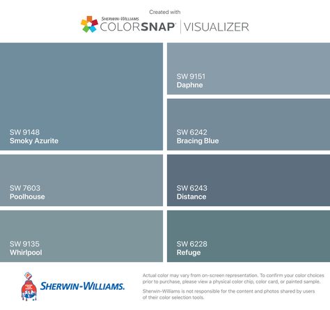 I found these colors with ColorSnap® Visualizer for iPhone by Sherwin-Williams: Smoky Azurite (SW 9148), Poolhouse (SW 7603), Whirlpool (SW 9135), Daphne (SW 9151), Bracing Blue (SW 6242), Distance (SW 6243), Refuge (SW 6228). Sherwin Williams Meditative, Bathroom Paint Colors Sherwin Williams, Paint Colors Sherwin Williams, Mega Greige, Sherwin Williams Blue, Anew Gray, Revere Pewter Benjamin Moore, Ideas For Bathroom, Bathroom Paint