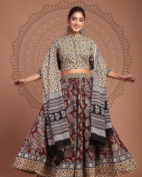 Pure Cotton Lahenga Choli set. Hand Block printed Indian Jaipuri Flared skirt with Blouse & Dupatta for Garbha & festive season. Celebrate Festivals wearing Eco friendly outfits & not Synthetic no biodegradable fast & cheap fashion. #sustainablefashion #cottonskirt #garbaoutfit #dandianight #navratricollection #lehengacholi #cottonlehenga #ecodyed #indianfestival Skirt With Blouse, Garba Outfit, Friendly Outfits, Cotton Lehenga, Indian Festivals, Cheap Fashion, Cotton Skirt, Flared Skirt, Lehenga Choli