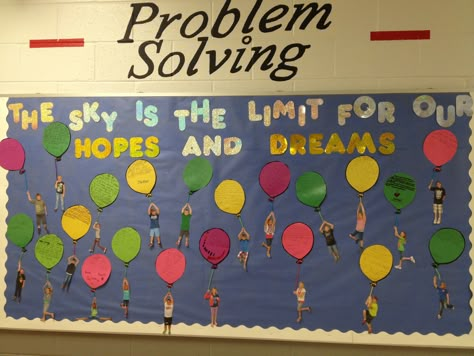 The sky is the limit for our hopes and dreams. Maybe different things we see in the sky? Hopes And Dreams Bulletin Board, School Counseling Bulletin Boards, Colorful Bulletin Boards, Beginning Of Kindergarten, First Day Activities, Responsive Classroom, Math Journal, 1st Grade Writing, School Displays