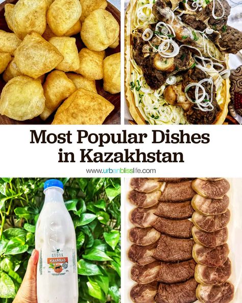 From baursak to beshbarmak to camel's milk and horse meat, Kazakhstan food is a reflection of its rich culture and history. Learn what the top Kazakhstan foods are at UrbanBlissLife.com. Kazakhstan Food, Pku Diet, Horse Meat, Around The World Food, Culinary Travel, Cafe Menu, World Recipes, High Protein Recipes, Foodie Travel