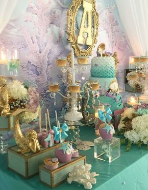 My little Mermaid | CatchMyParty.com Little Mermaid Bridal Shower Ideas, Mermaid Quinceanera Theme, Little Mermaid Baby Shower Ideas, Mermaid Bridal Shower Ideas, Mermaid Baby Shower Ideas, Under The Sea Quinceanera Theme, Mermaid Baby Shower Decorations, Mermaid Baby Shower Theme, Mermaid Bridal Showers