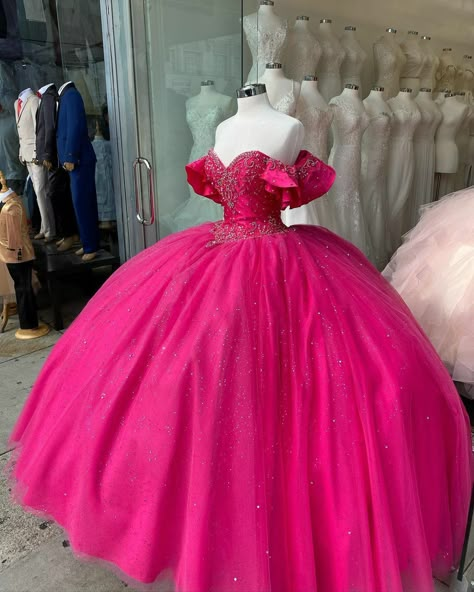 Neon Quinceanera Dresses, Quinceanera Dresses Dark Pink, Fushia Quinceanera Dresses, Quinceanera Dresses Fushia, Sweet 16 Hot Pink Theme, Hot Pink Quince Theme, Fuschia Quinceanera Dresses, Bright Pink Quinceanera Dresses, Quinceanera Dresses Hot Pink