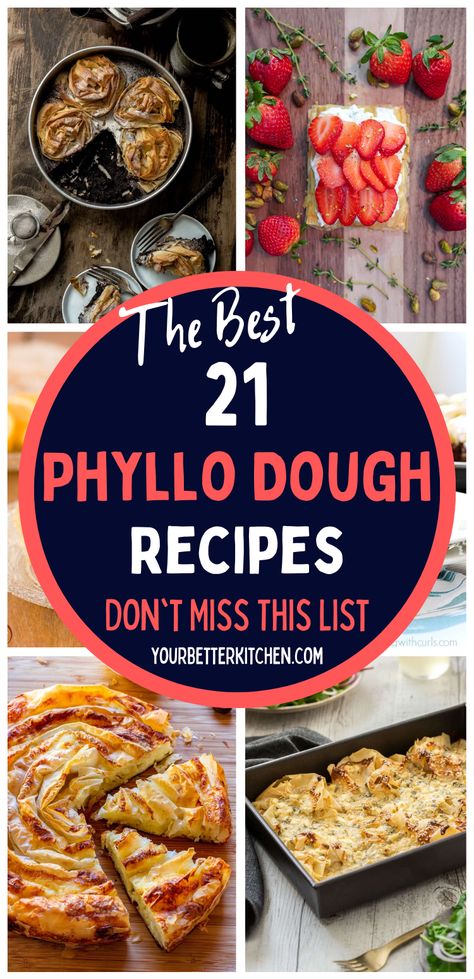 Go ahead and save this list of the 21 best phyllo dough recipes! You'll find recipes with phyllo cups, desserts, and savory phyllo pastry options that include breakfast, lunch, snack, and appetizer options. You'll find everything from black sesame ruffled milk pie to banitsa, portokalopita, and more. Recipes With Fillo Dough Filo Pastry, Philo Dough Recipes Desserts Phyllo Cups, Fillo Dough Recipes Savory, Fig And Phyllo, What To Make With Phyllo Pastry, What To Make With Filo Pastry, Phylo Pastry Recipes Breakfast, Phyllo Puff Pastry Recipes, Breakfast Ideas With Phyllo Dough