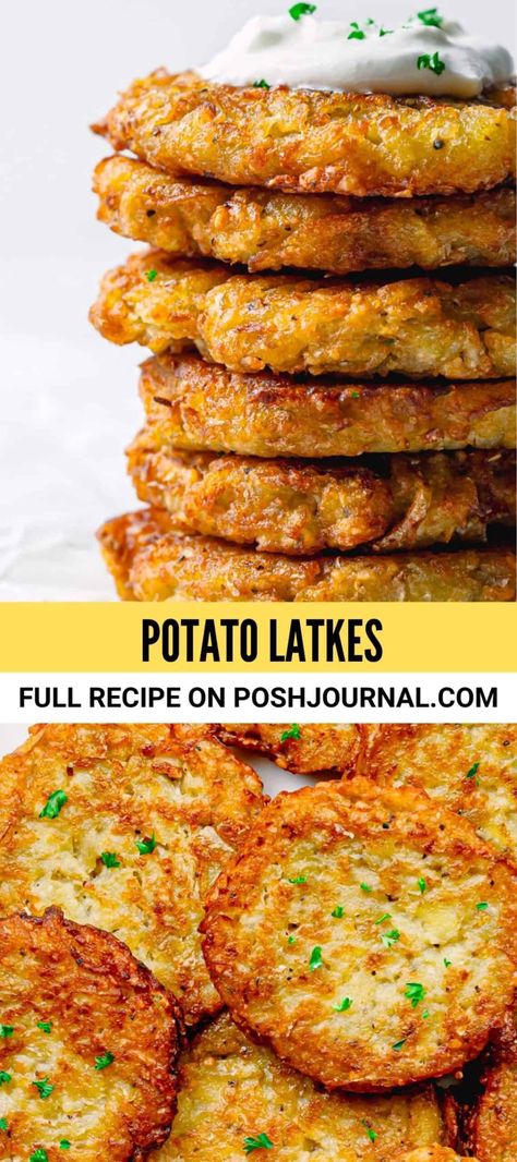 Easy potato latkes recipe. These Jewish potato pancakes are so crispy on the outside and tender on the inside. #latkes #potatolatkes #potatopancakes Potato Latkes Jewish, Latkes Recipe Easy, Potato Latkes Recipe, Hannukah Recipes, Latkes Recipe, Potato Latke Recipe, Jewish Cuisine, Potato Latkes, Matzo Meal