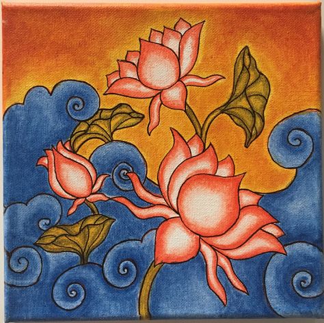 Kerala Mural Painting Lotus, Mural Art Flowers, Indian Mural Art, Kerala Illustration, Paint Flowers On Canvas, How To Paint Flowers, Wall Illustration, Flowers On Canvas, Indian Traditional Paintings