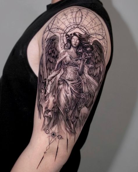 ⚖️⚖️ Done at @sj_tattoostudio . . #tattooblackandwhite #tattooblackworks #tattoooftheday #tattooideas #thebesttattooartists #tattoolove… | Instagram Circe Greek Mythology Tattoos, Goddess Themis Tattoo, Dark Feminine Tattoos Ideas, Female Warrior Tattoo Goddesses, Artemis Tattoo Design, Hermes Tattoo, Ares Tattoo, Greek Goddess Tattoo, Artemis Tattoo