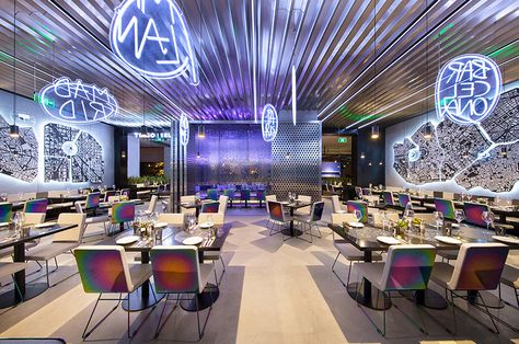 asian cyberpunk merges with european underground touch in ramoprimo's restaurant in beijing Cyberpunk Office, Cyberpunk Interior, Crystal Maze, Plate Shelves, Rainbow Palette, Square Tile, Restaurant Interior Design, Cultural Events, Restaurant Interior