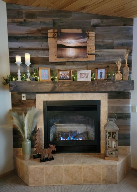 Updated Fireplace, Fireplace Redo, Wood Mantle, Barnwood Wall, Faux Beams, Fireplace Insert, Corner Fireplace, Home Fireplace, Fireplace Inserts