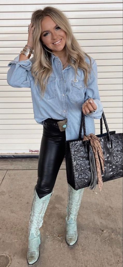 Faux Leather Leggings Outfit Cowboy Boots, Leather Pant Country Outfit, Womens Western Fashion Boho Chic, Womens Rodeo Outfits Winter, Turquoise Boots Outfit Country, Modern Cowboy Outfit Women, The American Rodeo Outfits, Classy Nfr Outfits, Western Going Out Outfit Winter