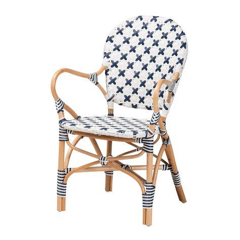 Bryson Modern French Blue And White Weaving And Natural Rattan Bistro Chair Geometric Weaving, Tropical Dining Chairs, French Blue And White, French Bistro Chairs, Brown Dining Chairs, Blue Armchair, Modern French, Rattan Dining Chairs, White Dining Chairs