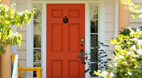 Sherwin-Willaims, SW 6883, Raucous Orange Gray House Yellow Door, Exterior Door Paint Colors, Colorful Front Door, Orange Front Door, Coral Door, Painted Exterior Doors, Purple Front Doors, Installing Exterior Door, Orange Front Doors