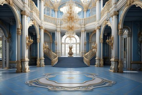 Castle or palace decorated with blue architecture staircase building.  | premium image by rawpixel.com / Miiruuku Ballroom With Staircase, Bridgerton Room, Staircase Building, Fantasy Academy, Castle Ballroom, Architecture Staircase, Blue Palace, Blue Architecture, Victorian Castle