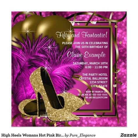 High Heels Womans Hot Pink Birthday Party Card Shoe Birthday Party, Hot Pink Birthday Party, Pink Birthday Party Invitations, Masquerade Party Invitations, Hot Pink Birthday, Pink And Gold Birthday Party, 75th Birthday Parties, 60th Birthday Party Invitations, 60th Birthday Invitations