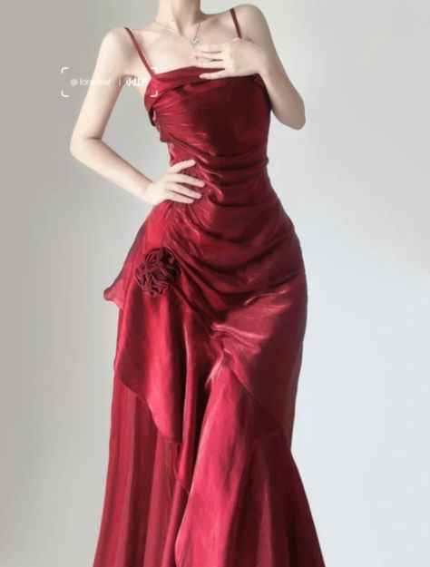 Ethereal Red Dress, Silk Red Prom Dress, Cherry Red Dress Prom, Old Money Red Dress, Dark Red Dresses Classy, Elegant Red Dress Aesthetic, Cherry Red Prom Dress, Red Aesthetic Dress, Red Silk Dress Long