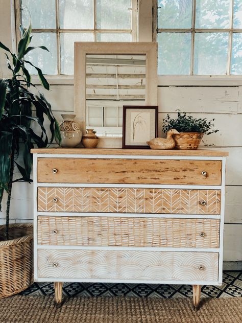 White And Wood Boho Dresser, Decoupage Drawer Fronts, Stencil Dresser Drawers, Boho Dresser Flip, Plaster Dresser, Boho Furniture Painted, Dresser Makeover Boho, Painted Dresser Ideas Boho, Boho Furniture Makeover