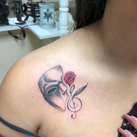 Phantom Of The Opera Mask Tattoo, Phantom Of The Opera Tattoo Minimalist, Phantom Of The Opera Rose Tattoo, Acting Tattoo Ideas, Phantom Of The Opera Rose, Theater Tattoo Ideas, Phantom Tattoo, Phantom Of The Opera Tattoo, Opera Tattoo