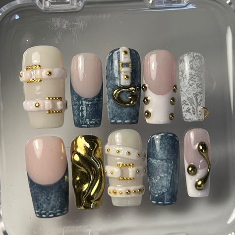 Denim birthday nails for @gigigii___ we love youuuu 🦋👖💙🐬 Two Colour Nails Designs, Nail Layout Design, Artistic Nail Art, Nails With Numbers On Them, Writing On Nails, 23 Birthday Nails, New York Nails Designs, Denim Nails Ideas, Artistic Nails Design