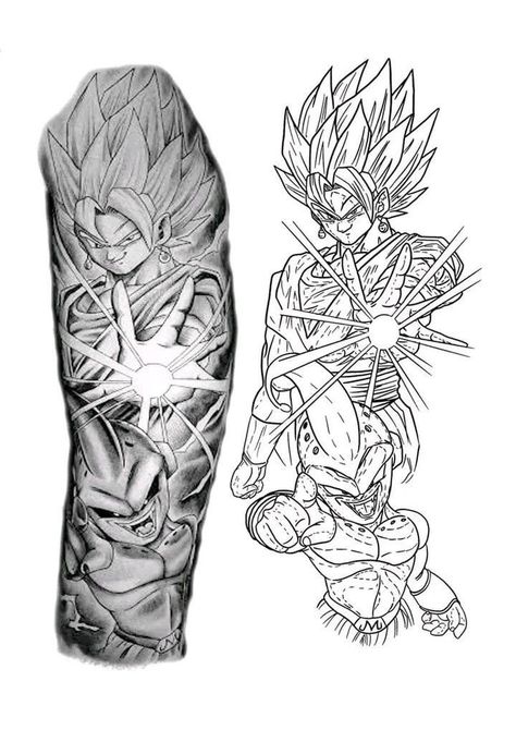 Anime Tattoos For Men Leg, Dbz Sleeve Tattoo, Dragonball Sleeve Tattoo, Goku Tattoo Stencil, Majin Boo Tattoo, Dragon Ball Z Tattoo Design, Goku Tattoo Design, Majin Tattoo, Goku Art Drawings