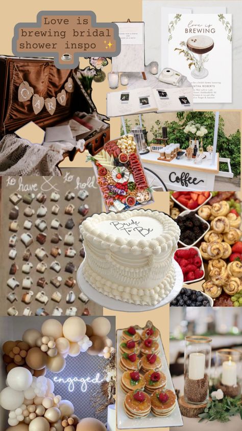 Inspiring mood board for “love is brewing” bridal shower brunch #bridalshowerinspo #loveisbrewing #bridetobe Bridal Shower Decor Neutral, Love Is Brewing Shower Ideas, Cafe Bridal Shower Theme, Neutral Bridal Shower Ideas, Love Is Brewing Bridal Shower Decor, Coffee Themed Cake, Brunch Bridal Shower Themes, Couples Shower Ideas Themes, Coffee Bridal Shower Theme