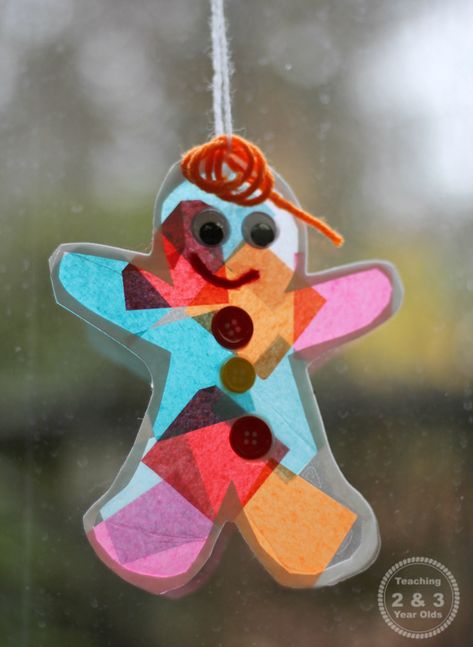 Gingerbread Suncatcher Ornament for Kids Easy Christmas Crafts For Toddlers, Gingerbread Activities, December Crafts, Christmas Crafts For Toddlers, Gingerbread Crafts, Christmas Arts And Crafts, Language Art, Fun Christmas Crafts, Preschool Christmas