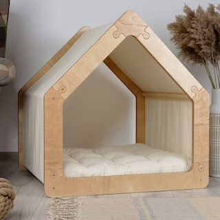 PetsoOriginalStore - Etsy Dog Bed With Roof, Plywood Dog House, Indoor Dog House Diy, Dog Bedrooms In House, Under Stairs Dog House, Dog House Indoor, Cute Dog House, Indoor Dog Bed, Modern Dog Houses