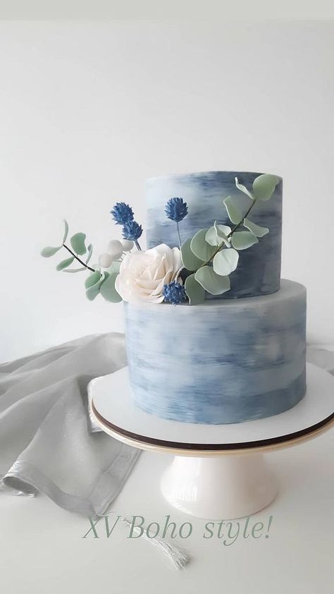 Blue Grey Wedding Cake, Blue Wedding Cakes Simple, White And Blue Engagement Cake, Blue Wedding Cake Ideas 2 Tier, Blue Boho Wedding Cake, Blue Ombré Wedding Cake, Small Dusty Blue Wedding Cake, Dusty Blue 2 Tier Wedding Cake, Dusty Blue Bridal Shower Cake