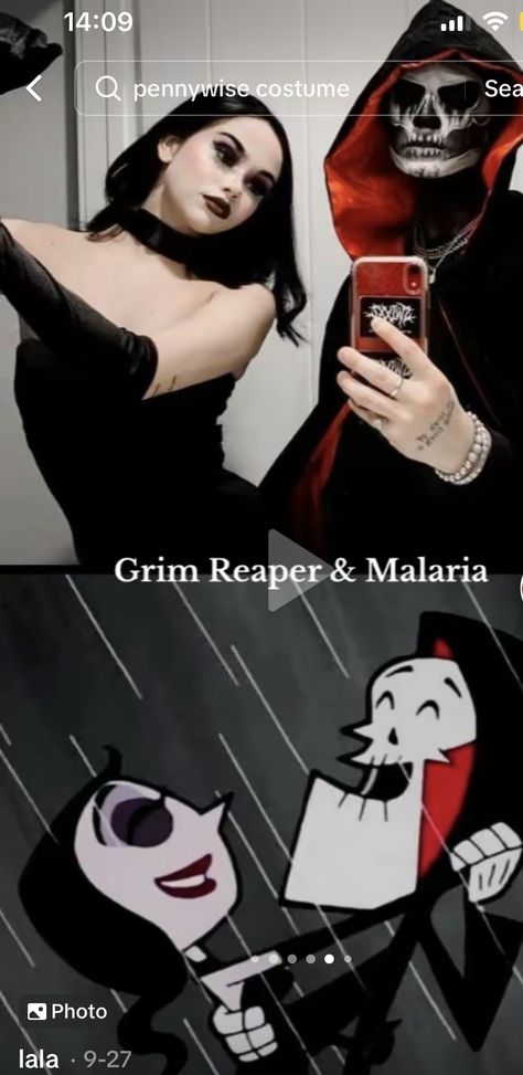 Grim Reaper And Malaria Couple Costume, Wednesday Couple Costume, Iconic Couples Halloween Costumes, Grim Reaper Couple Costume, Couples Costumes Horror, Baddie Halloween Costumes Couples, Dark Hair Couple Costumes, Jigsaw Couple Costume, Grim Reaper And Malaria Costume