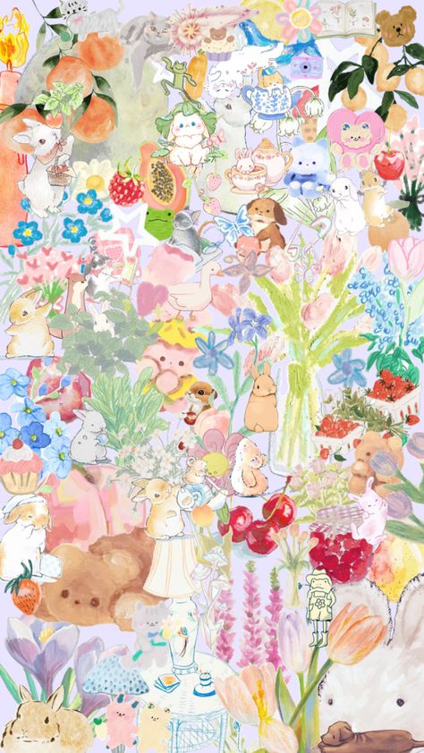 Pastel Whimsical Aesthetic, Cute Bunny Aesthetic Wallpaper, Sanrio Collage Wallpaper, Bunny Homescreen, Pastel Collage Wallpaper, Pastel Background Aesthetic, Bunny Aesthetic Wallpaper, Sanrio Collage, Pastel Aesthetic Collage